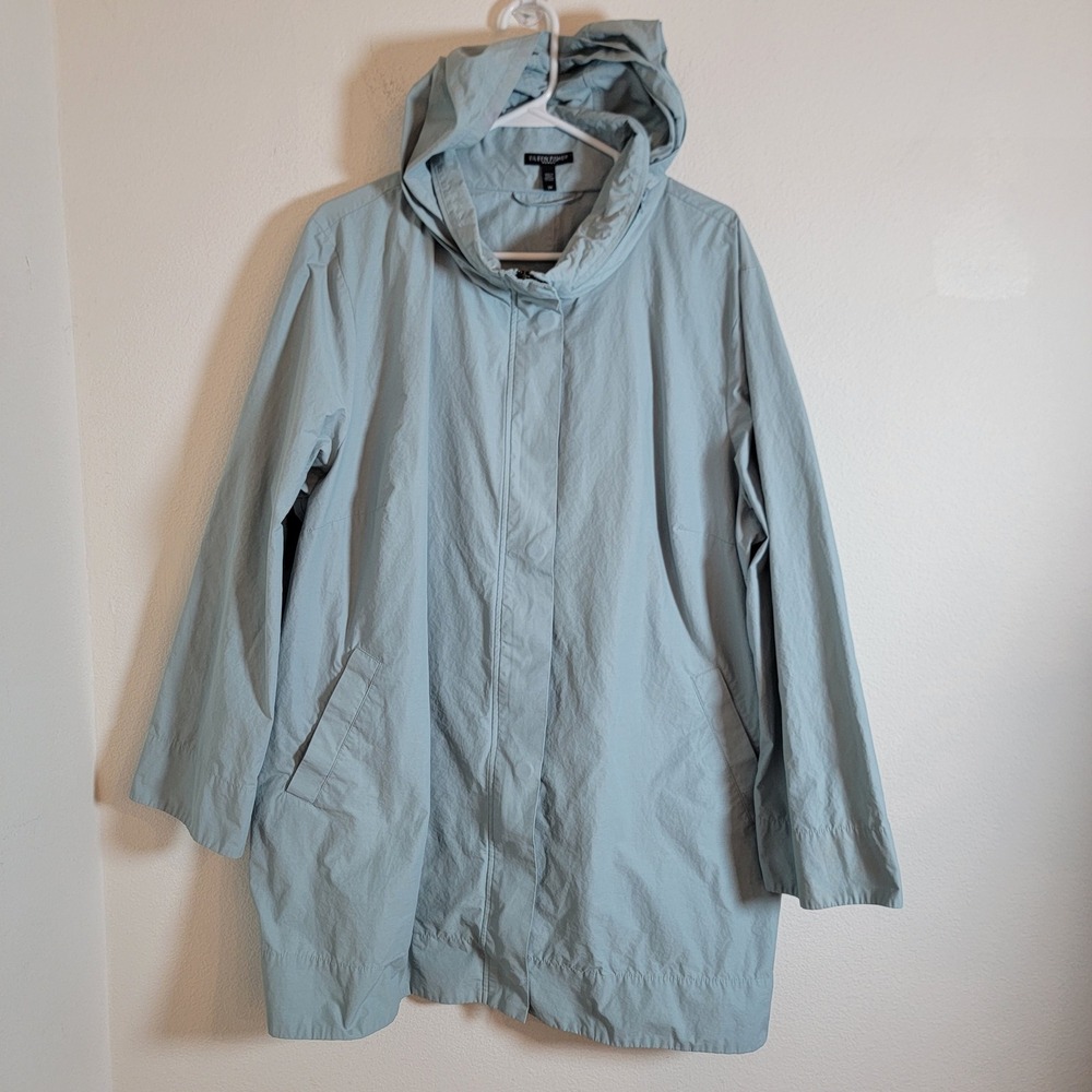 Eileen Fisher A-Line Jacket Full Zip Hood 3X Packable Organic Cotton Mid Length